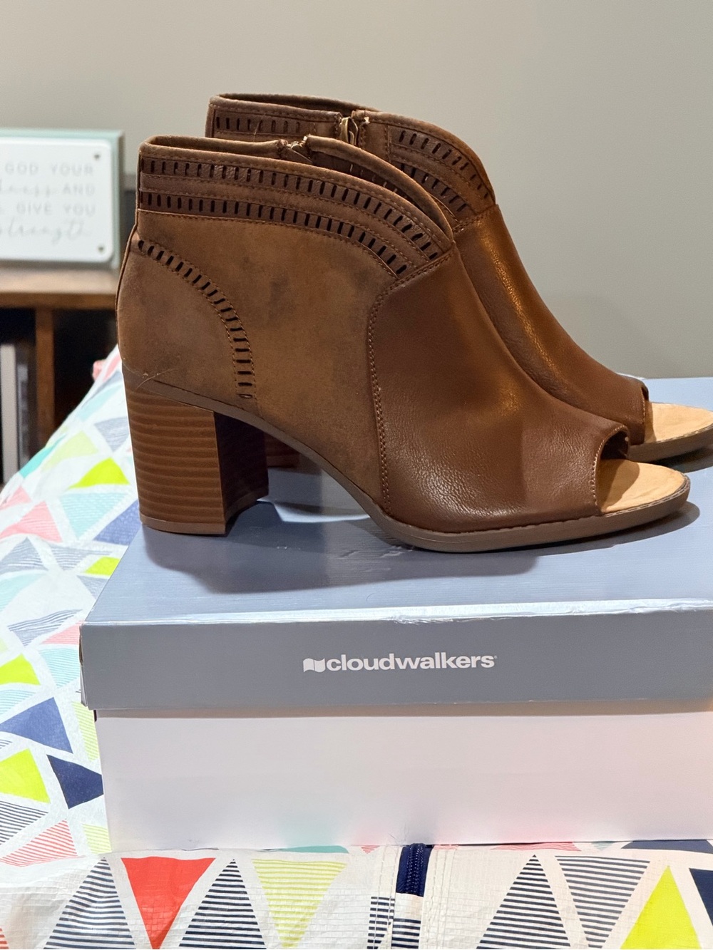 cloudwalkers Brown Peep-Toe Block Heel Ankle Booties